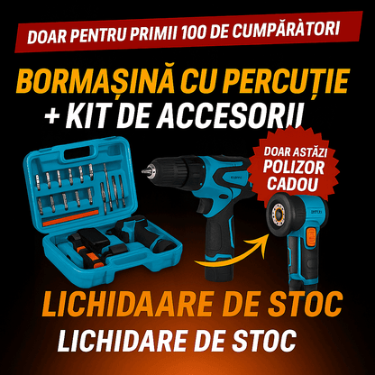 Bormașină cu Percuție cu Set de Accesorii + Polizor Cadou (Doar pentru Primii 100 de Cumpărători)