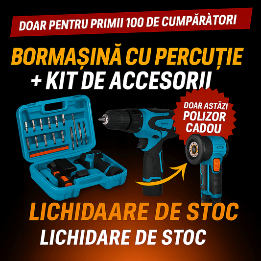Bormașină cu Percuție cu Set de Accesorii + Polizor Cadou (Doar pentru Primii 100 de Cumpărători)