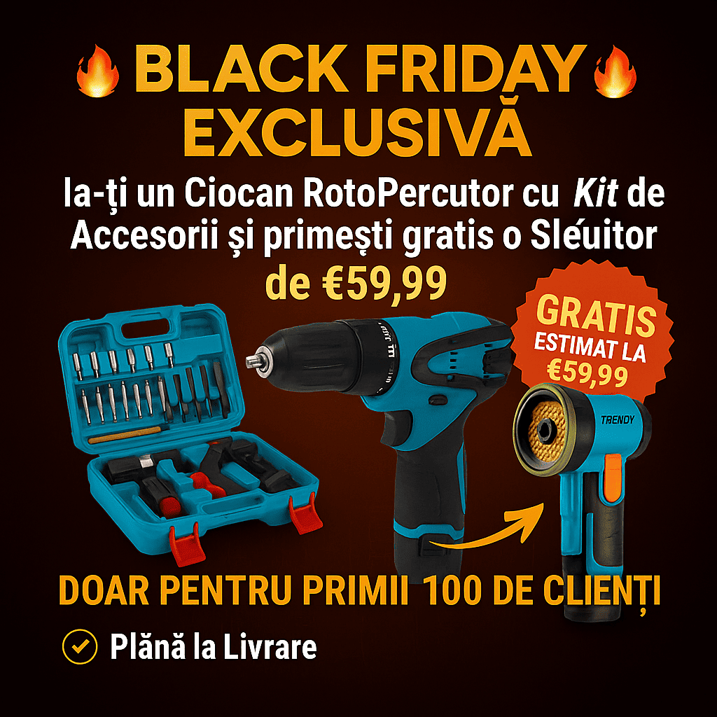 Bormașină cu Percuție cu Set de Accesorii + Polizor Cadou (Doar pentru Primii 100 de Cumpărători)